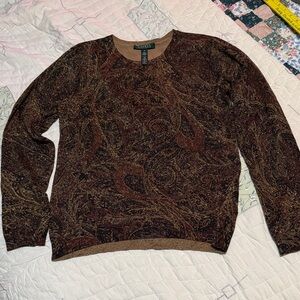Ralph Lauren Women's Brown Paisley Crewneck Sweater 74% silk 12 % cashmere